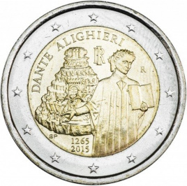 Данте Алигьери (Dante Alighieri) - 2 евро, Италия, 2015 год