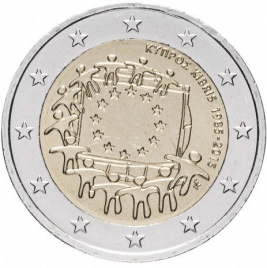 30 лет еврофлагу - 2 евро, Кипр, 2015 год