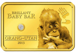 Золотая монета с бриллиантом "Детеныш орангутанг" - о.Ниуэ, 5 долларов, 2013 год