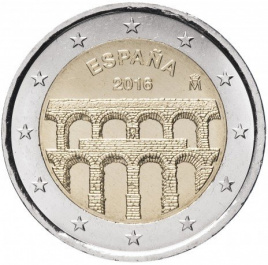 Акведук в городе Сеговия,  Всемирное наследие ЮНЕСКО - 2 евро, Испания, 2016 год