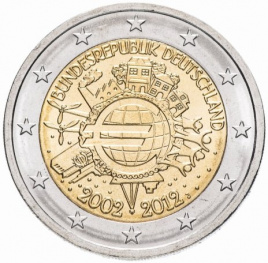 10 лет евро - 2 евро, Германия, 2012 год