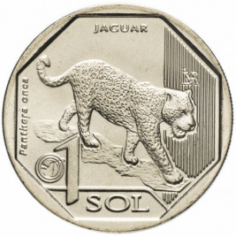 Ягуар (Panthera onca) - "Фауна Перу", 1 соль (sol) 2018 год, Перу