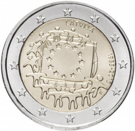 30 лет еврофлагу - 2 евро, Латвия, 2015 год