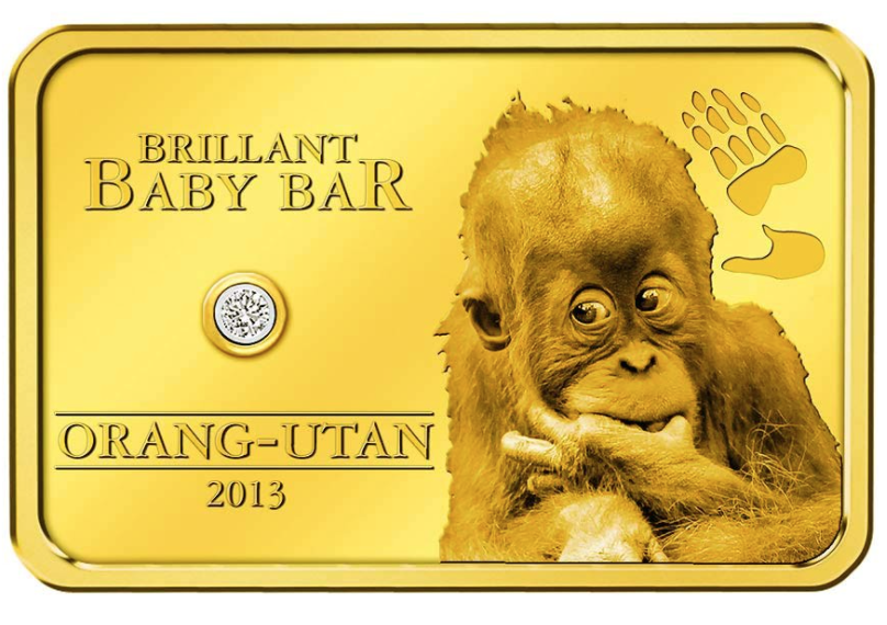 Золотая монета с бриллиантом "Детеныш орангутанг" - о.Ниуэ, 5 долларов, 2013 год фото 1