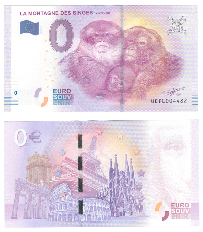 0 евро (euro) сувенирные - Гора обезьян во Франции, 2017 год фото 1