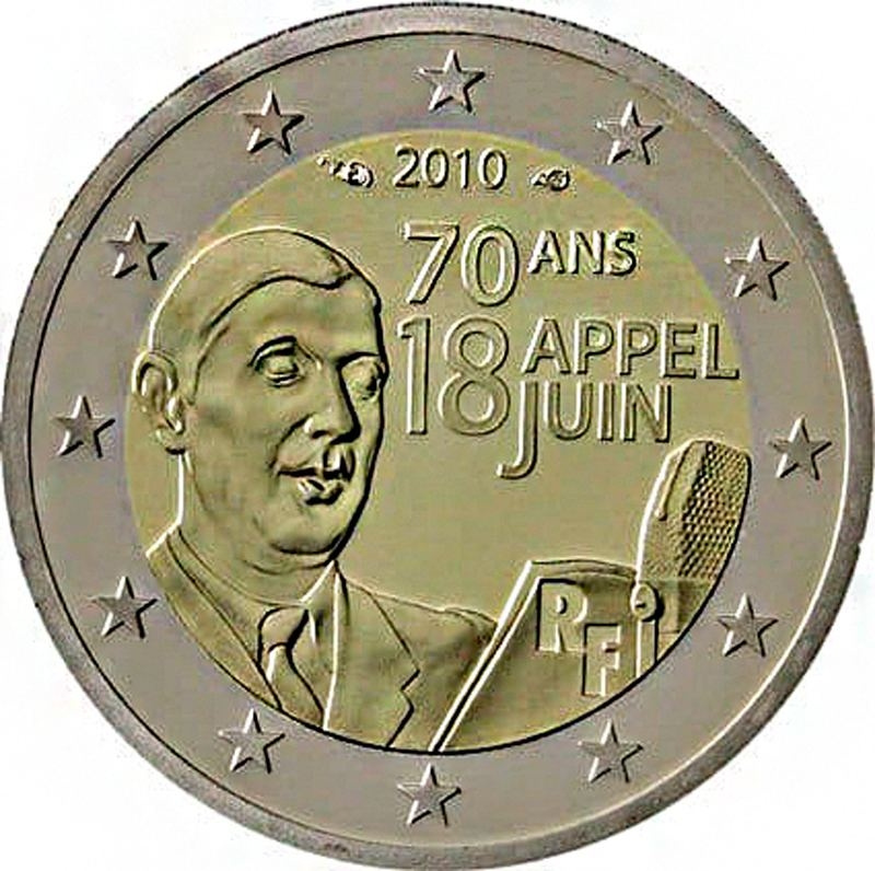 2 евро Франция 2010 - 70 лет речи Шарля де Голля «Ко всем французам» (из обращения) фото 1