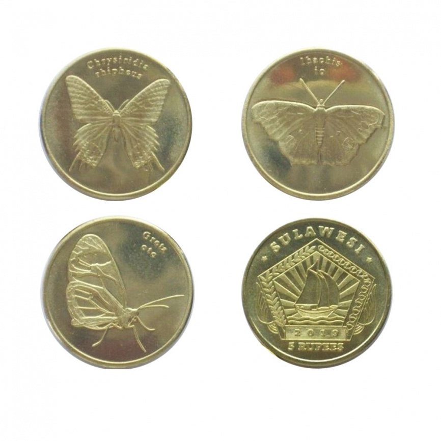 Бабочки - набор из 3-х монет, 5 рупий, Sulawesi 2019 фото 1
