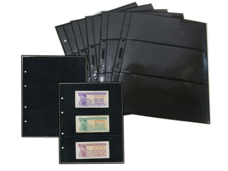 Лист для банкнот, марок по 3 ячейки с двух сторон (черная основа) фото 1