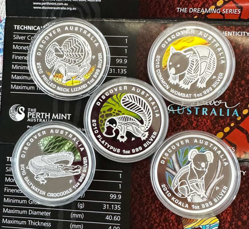 Набор монет 1oz "Открывая Австралию" 2010 год 5шт - серебро фото 2