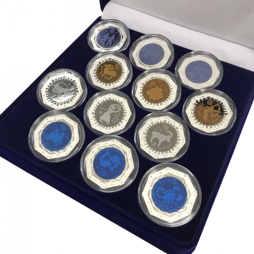 Набор монет «Знаки зодиака», Казахстан, 12 монет в бархатной коробке фото 2