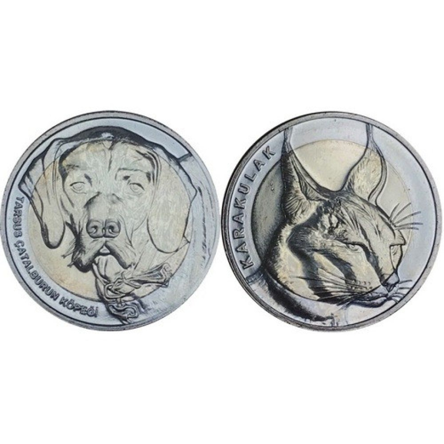 Набор монет Турции - Каракал и собака Каталбурун - 1 куруш, 2021 год, биметал фото 1